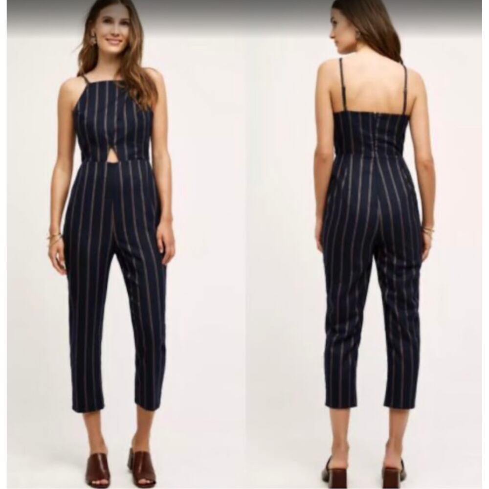 Cartonnier by Anthropologie Naeve Navy Pin Stripe Jumpsuit M with cutout Front